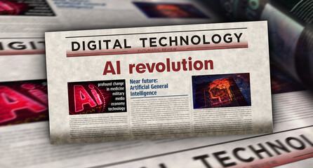Fototapeta premium AI revolution and artificial intelligence technology newspaper printing media