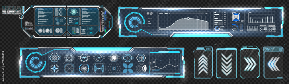 Poster Step into the Future: Vector Set of Futuristic HUD Interface Elements for a Sci-Fi Digital Display This is a vector set of futuristic HUD interface elements. The elements are blue and black in color