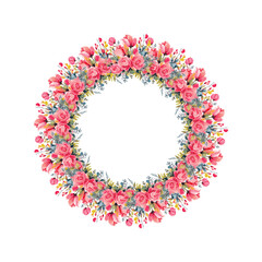 Naklejka premium Watercolor vintage floral wreath with pink flowers. Isolated vector