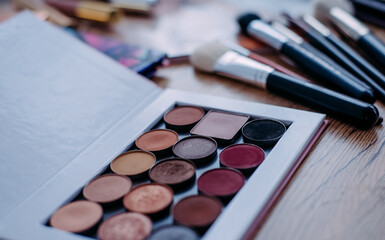 Professional make-up palette. Makeup brushes and eye shadows. Cosmetics for women's make-up. View from above. Concept of products for women's beauty and skin care