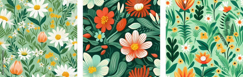 Poster a set for printing seamless patterns depicting flowers in retro style and soft colors. pastel colors