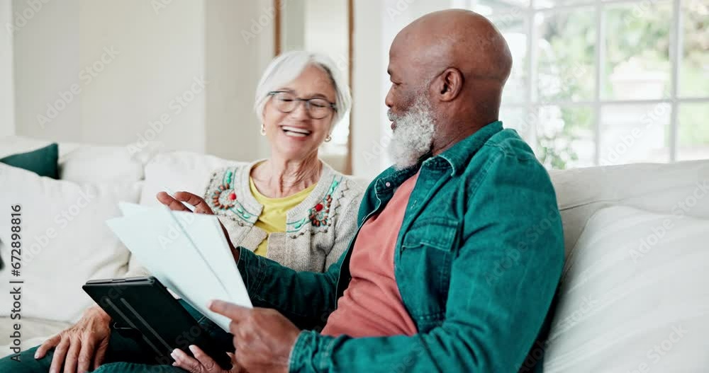 Poster Old couple on sofa with paperwork, home budget and tablet with interracial marriage, discussion and planning. Bills, online banking and fintech, senior man and woman on couch with retirement savings.