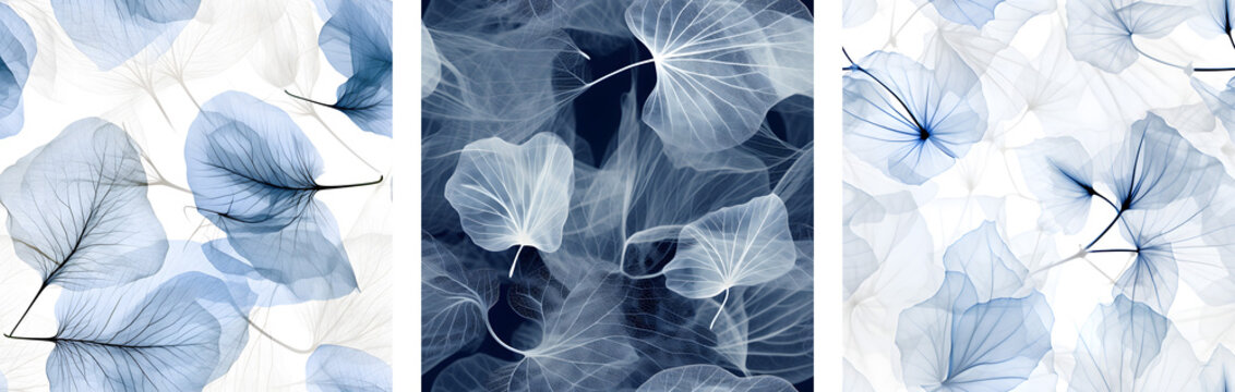 A collection of seamless patterns featuring ethereal flowers in a monochromatic blue, styled after the delicate aesthetics of X-ray imaging, with soft illumination and fine lines