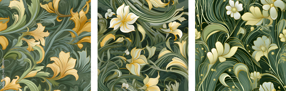 Poster a set for printing seamless patterns depicting flowers in retro style and soft colors. pastel colors