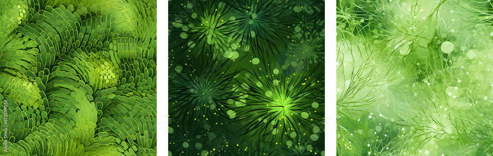Poster a set for printing seamless patterns that capture the vibrancy of foliage in various shades of green
