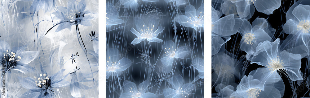 Poster a collection of seamless patterns featuring ethereal flowers in a monochromatic blue, styled after t