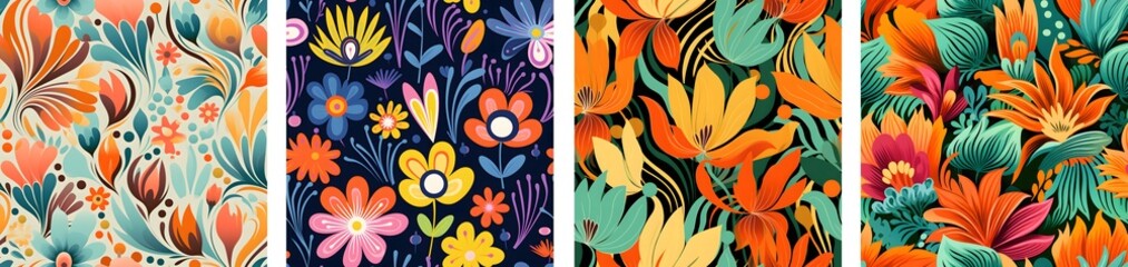 Fototapeta na wymiar A set for printing seamless patterns depicting flowers in retro style and bright colors. A little abstract. Design for print, poster, banner, textile. 