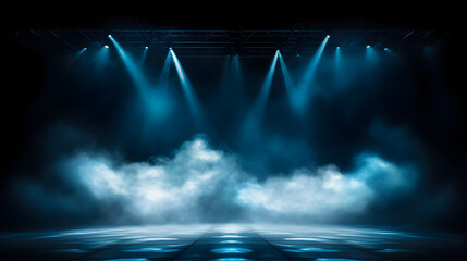 Illuminated stage with scenic lights and smoke. Blue vector spotlight with smoke volume light effect on black background. Stadium cloudiness projector, - obrazy, fototapety, plakaty