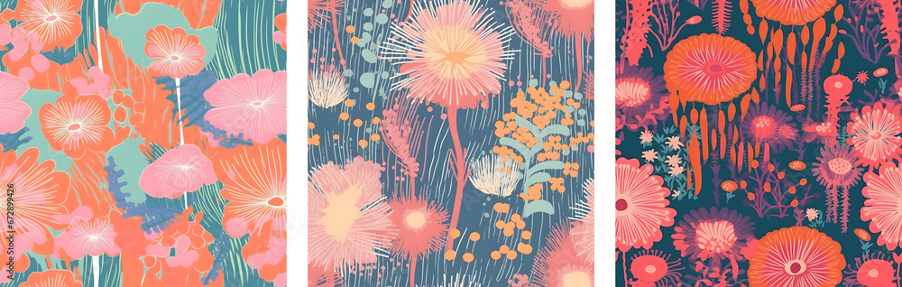 Poster a set for printing seamless patterns depicting flowers in retro style and soft colors. pastel colors