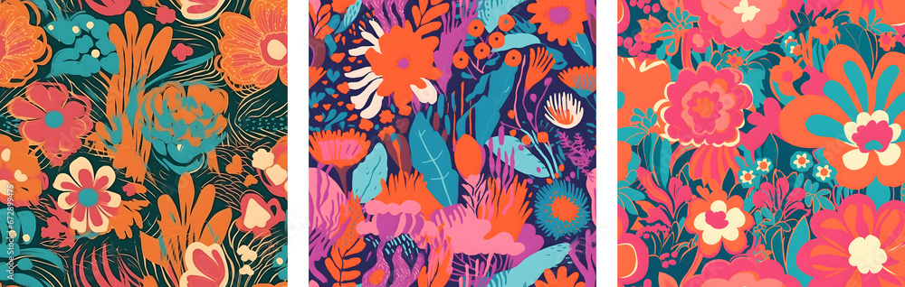 Poster a set for printing seamless patterns depicting flowers in retro style and bright colors. a little ab