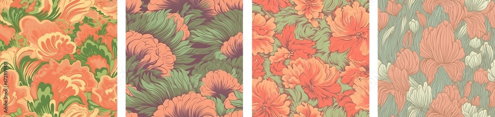Poster a set for printing seamless patterns depicting flowers in retro style and soft colors. pastel colors