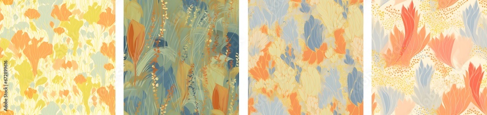Poster a set for printing seamless patterns depicting flowers in retro style and soft colors. pastel colors
