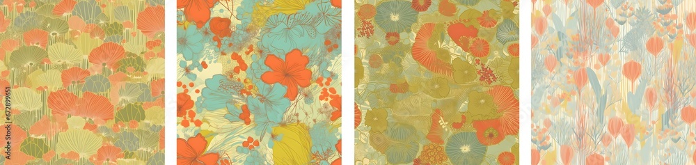 Poster a set for printing seamless patterns depicting flowers in retro style and soft colors. pastel colors
