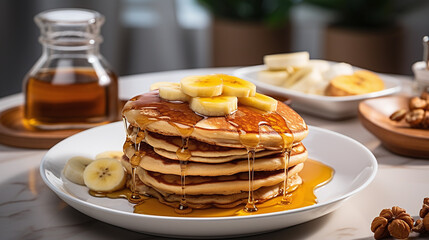 pancakes with honey and banana slices