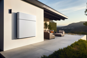 Battery packs are an alternative energy storage system for the home garage wall, serving as a backup or sustainable energy concept. Powerwall batteries stand out on stylish wall at twilight.