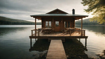 A lakeside cabin deck with a dock extending into the water, perfect for relaxing and fishing.