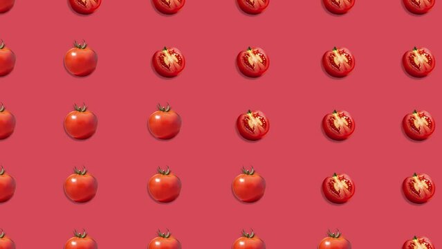 Stop motion Cut and whole Tomato appear and disappear on pasatel background. High quality video 4K. Detailed stop motion video. Background or wallpaper in food and drinks videos.