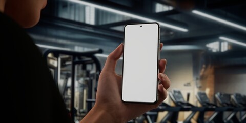 CU Caucasian woman using phone in a gym, coaching training sports app mockup