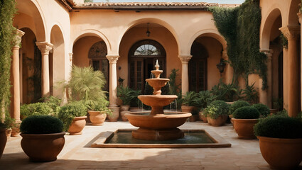 A Mediterranean villa courtyard with a central fountain, terracotta pots, and lush greenery.