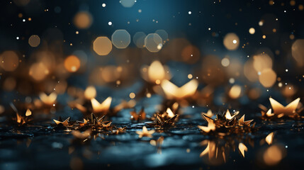 christmas background with dark blue background with golden christmas lights baubles and stars - obrazy, fototapety, plakaty