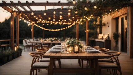 Fototapeta na wymiar A modern outdoor dining area with a pergola, string lights, and a long wooden table set for a stylish evening under the stars.
