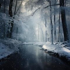 Winter Snow Forest, Beautiful Scenery, Generative AI