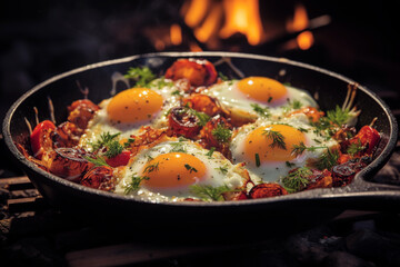 Skillet breakfast with eggs and bacon in free camping. Food concept. Generative AI