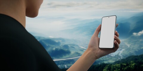 CU Caucasian womanusing her phone during hiking trip, daytime, screen mockup