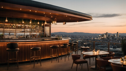 A rooftop bar with panoramic city views, comfortable seating, and a chic design for a night out.