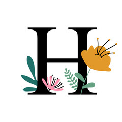 Floral alphabet, letter H with flowers and leaf. For invitations, greeting card, logo, poster and other design.