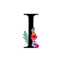 Floral alphabet, letter I with flowers and leaf. For invitations, greeting card, logo, poster and other design.