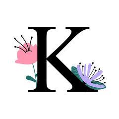 Floral alphabet, letter K with flowers and leaf. For invitations, greeting card, logo, poster and other design.