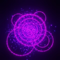 Bright purple magic symbol with triangles and circles isolated on black background. Circle shining occult sign. Alchemy spell graphic mage star. Astrology sacred geometry.