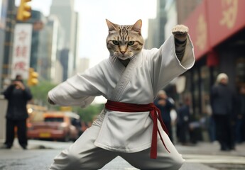 Cat in a kung fu fighter costume, karate cat in a kimono on the street