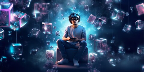 A man in a virtual reality wearing glasses sitting on a blue cube