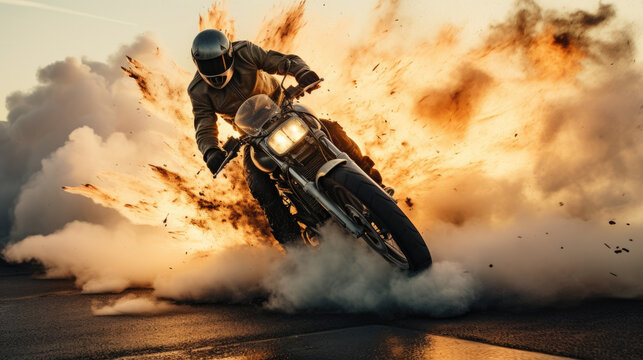 Extreme motorcycle stunts with explosion, dynamic motorcycle sport 