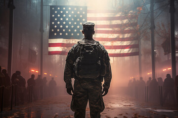 soldier in military uniform standing with the back to the camera  with the usa flag in the background - obrazy, fototapety, plakaty
