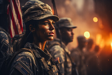 Fototapeta na wymiar female soldier in military uniform standing in a row