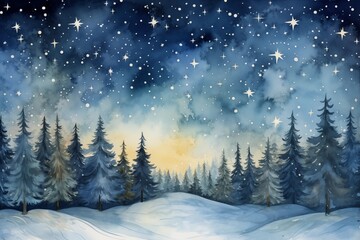 Christmas poster, greeting card, fir forest, christmas night, winter night