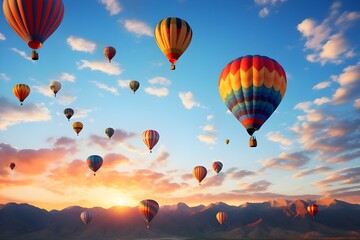 A group of hot air balloons against a dawn sky.
