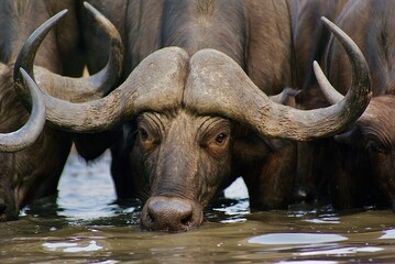 Close up of a buffalo drinking from a river.