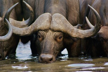 Close up of a buffalo drinking from a river. © Wirestock
