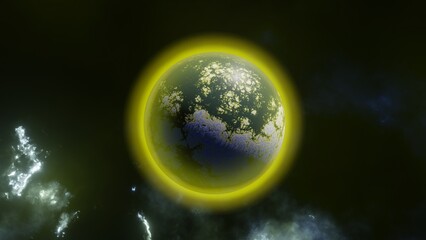 Exoplanet with a solid surface and an acid atmosphere on a abstract space background.