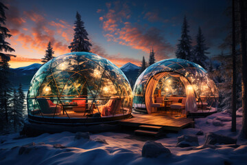 Winter holiday in a luxury modern glass igloo hotel with beautiful view on mountains, forest and night sky - obrazy, fototapety, plakaty