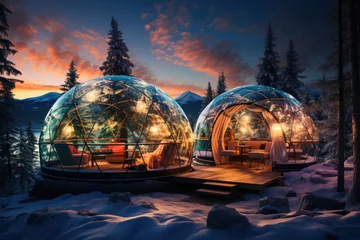 Foto auf Alu-Dibond Winter holiday in a luxury modern glass igloo hotel with beautiful view on mountains, forest and night sky © Svetlana Kolpakova