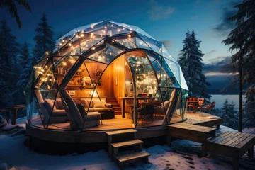 Fotobehang Winter holiday in a luxury modern glass igloo hotel with beautiful view on mountains, forest and night sky © Svetlana Kolpakova