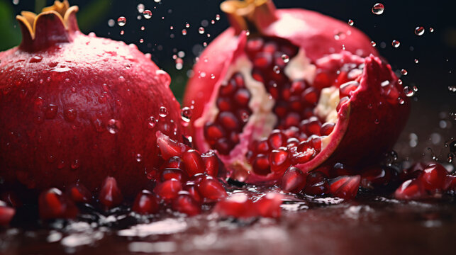 Delicious beautiful pomegranate on dark background. Close-up image of a red pomegranate 