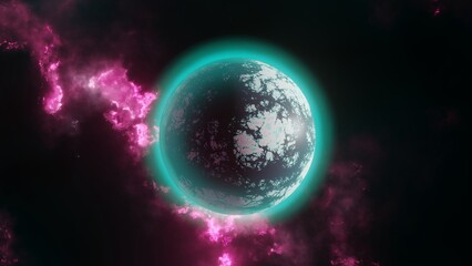 Amazing exoplanet, sci-fi background. Realistic planet with atmosphere in space with stars. Alien planet in neon tones.