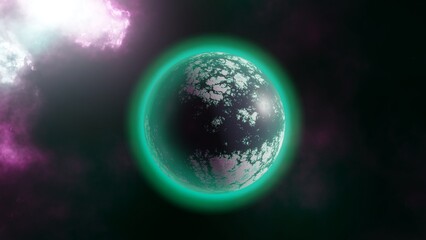 Exoplanet with a solid surface and an acid atmosphere on a abstract space background.