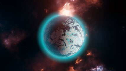 Futuristic fantasy landscape, sci-fi landscape with planet, neon light, cold planet with ice. 3d illustration.